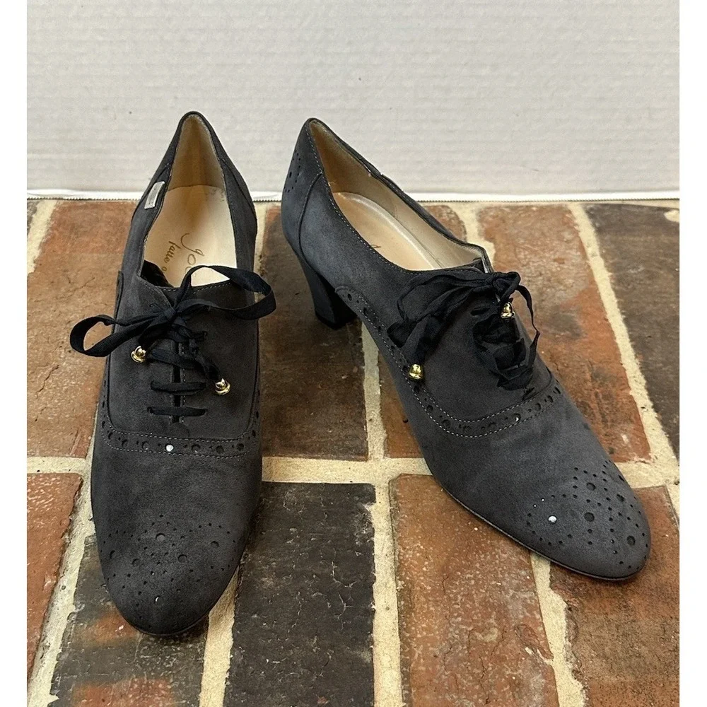 Joccia Italy Lace-Up Oxford Heel Gray Suede Handmade Wingtip Detail Women's 9.5